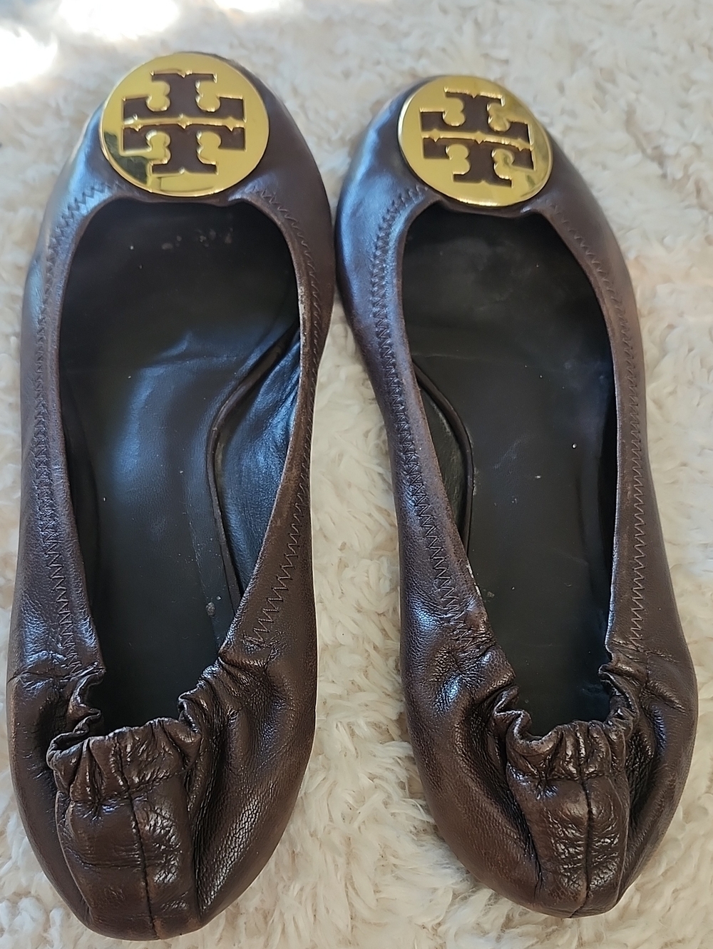 Tory Burch Chocolate Brown Leather Ballet Flats with Gold Logo Medallion